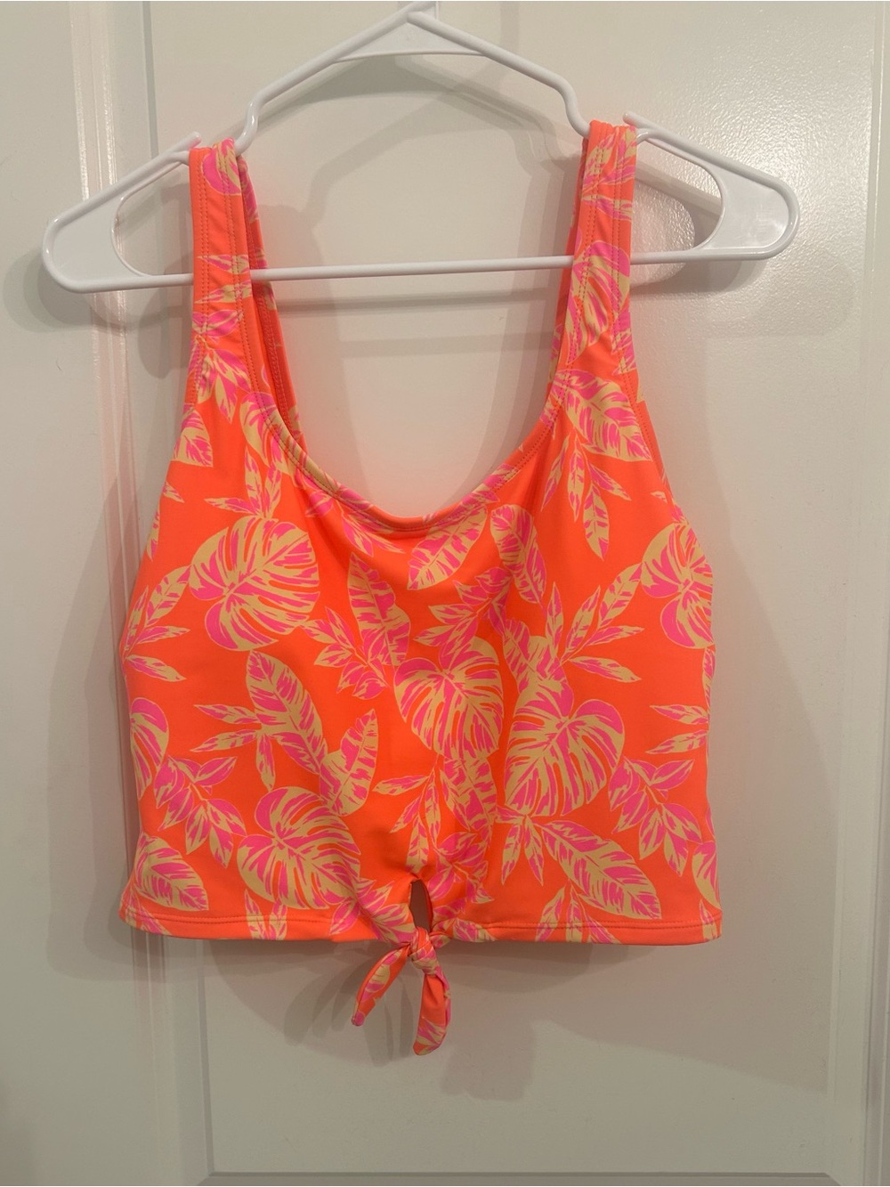 Tropical Tie-Front Swim Crop Top in Coral & Pink